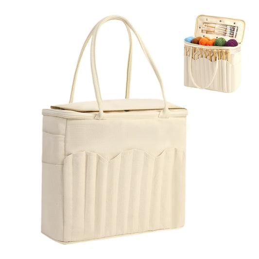 Dr.SheKnit EB126 canvas yarn storage bag with multiple knitting needle pockets