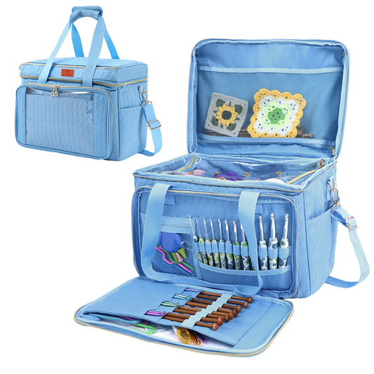 Sky Blue EB123 yarn storage bag opened with divided yarn compartment and tool organizer