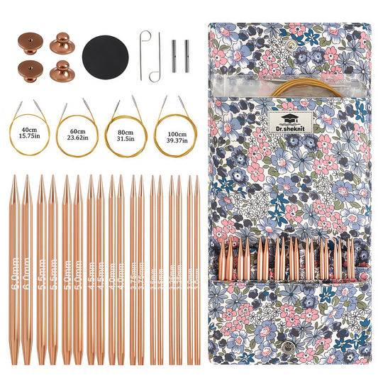 KN045-C2 rose gold interchangeable circular knitting needle set with four cables and floral storage pouch