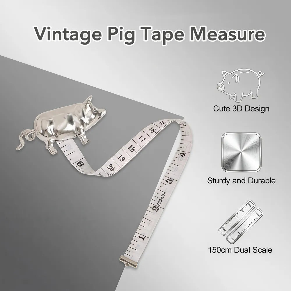 Vintage silver pig tape measure with 150 cm dual-scale measuring tape