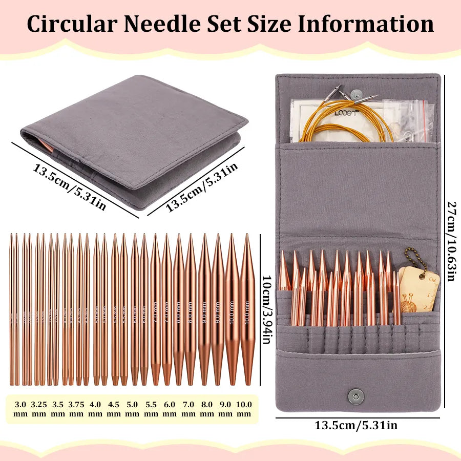 Thirteen interchangeable needle sizes from 3.0 to 10.0 mm with gray storage case