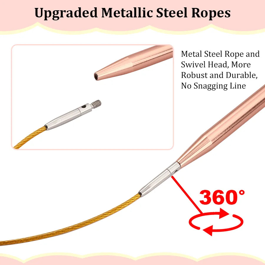 Rose gold-tone knitting needle tip connected to a 360-degree swivel metal-core cable