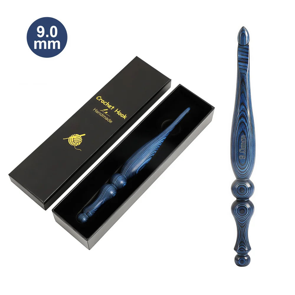 Vintage blue wooden crochet hook with premium gift packaging