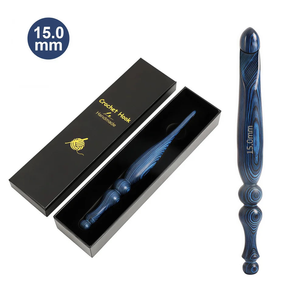 Vintage blue wooden crochet hook with premium gift packaging