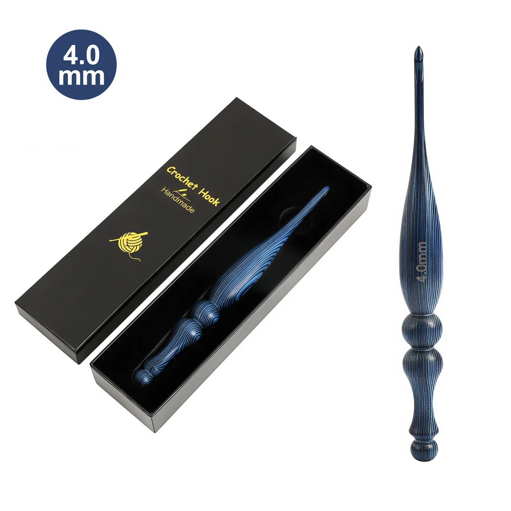 Vintage blue wooden crochet hook with premium gift packaging