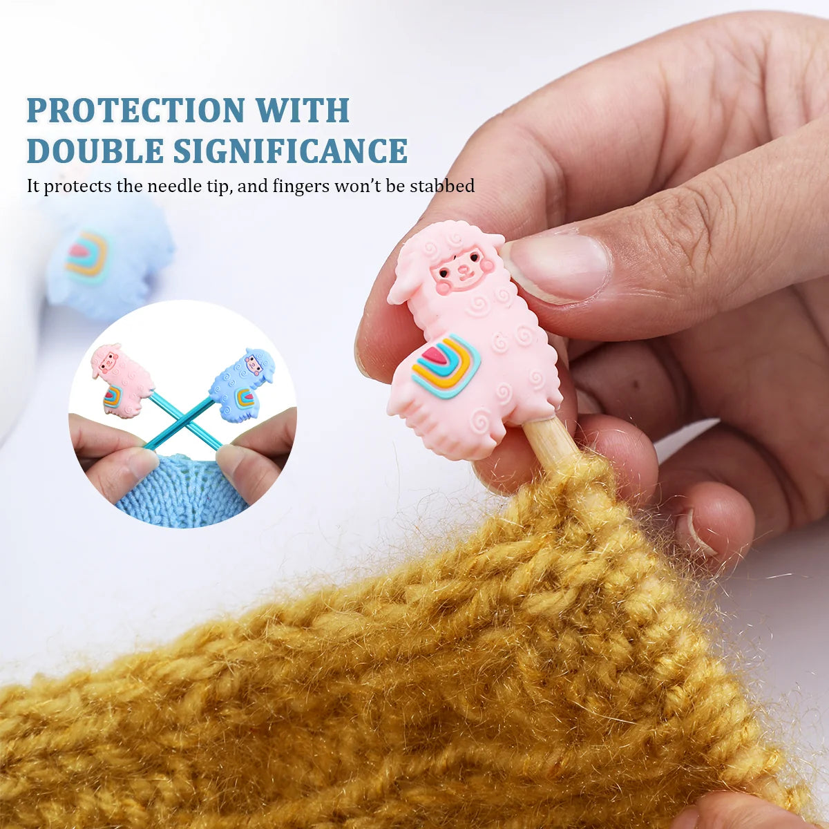 Pink alpaca silicone needle tip protector securing stitches on a knitting needle