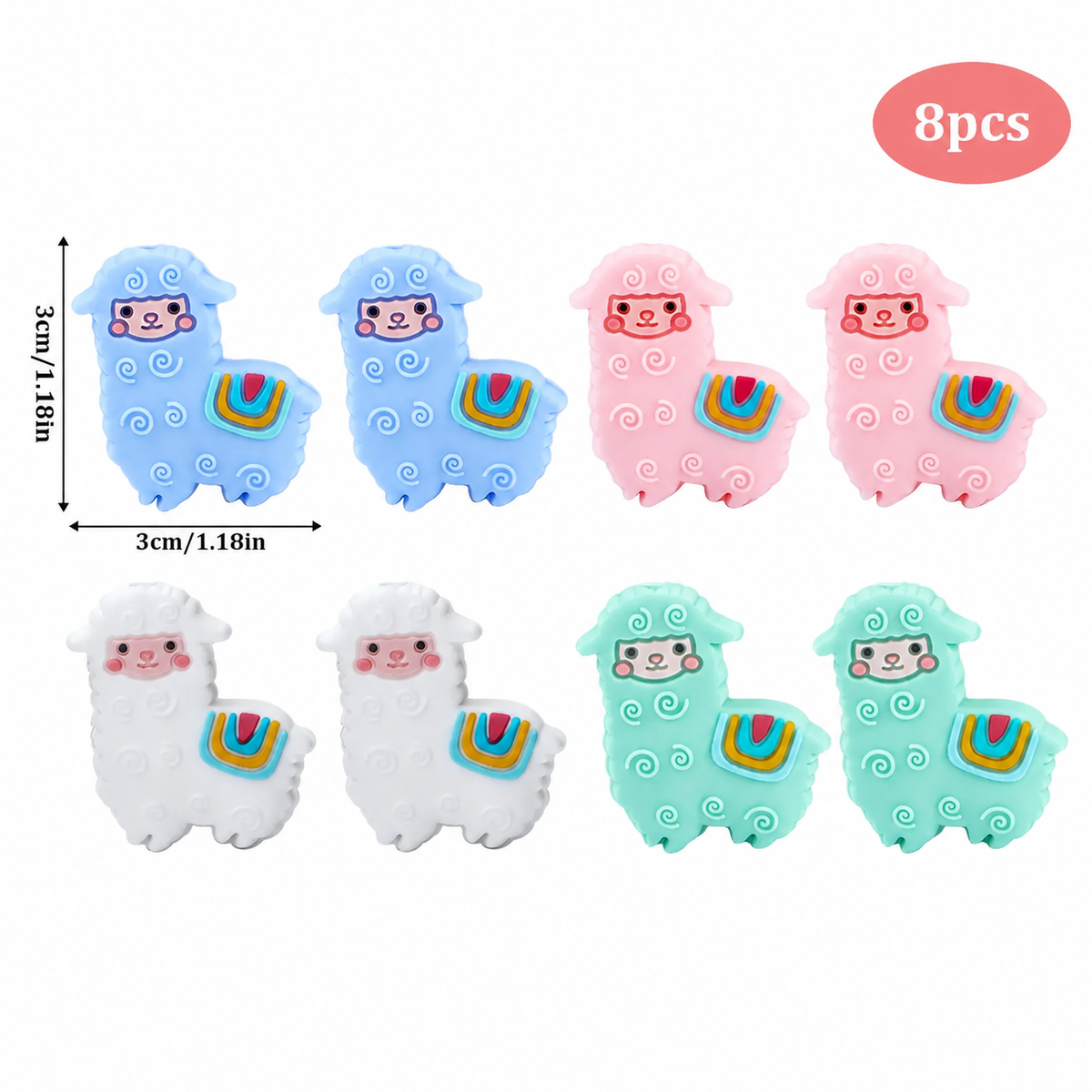 Eight alpaca silicone knitting needle tip protectors in blue, pink, white and green with 3cm dimensions