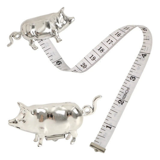 Vintage silver pig tape measure with 150 cm dual-scale measuring tape