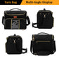 Multiple closed views of black quilted yarn storage bag with shoulder strap