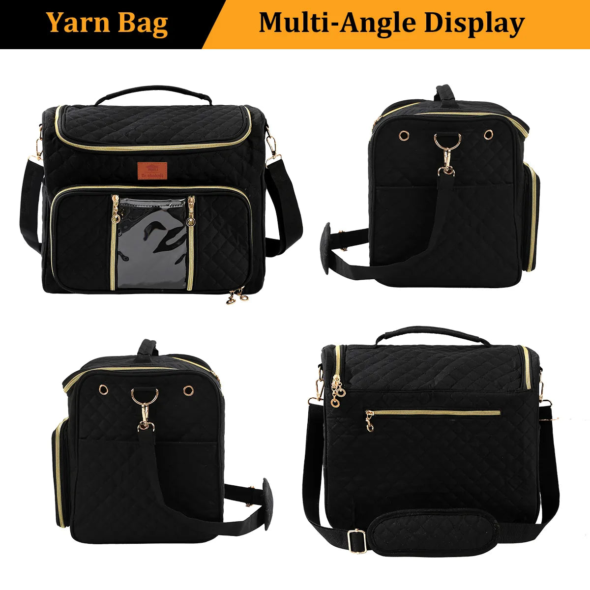 Multiple closed views of black quilted yarn storage bag with shoulder strap