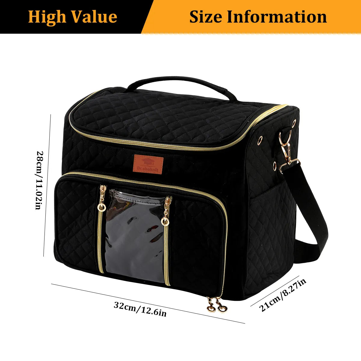 Black quilted yarn storage bag dimensions, 32 by 28 by 21 centimeters
