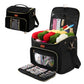 Black quilted yarn storage bag with clear front pocket and shoulder strap