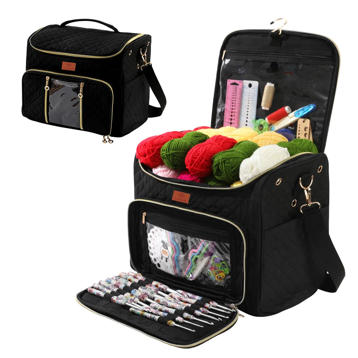 Black quilted yarn storage bag with clear front pocket and shoulder strap