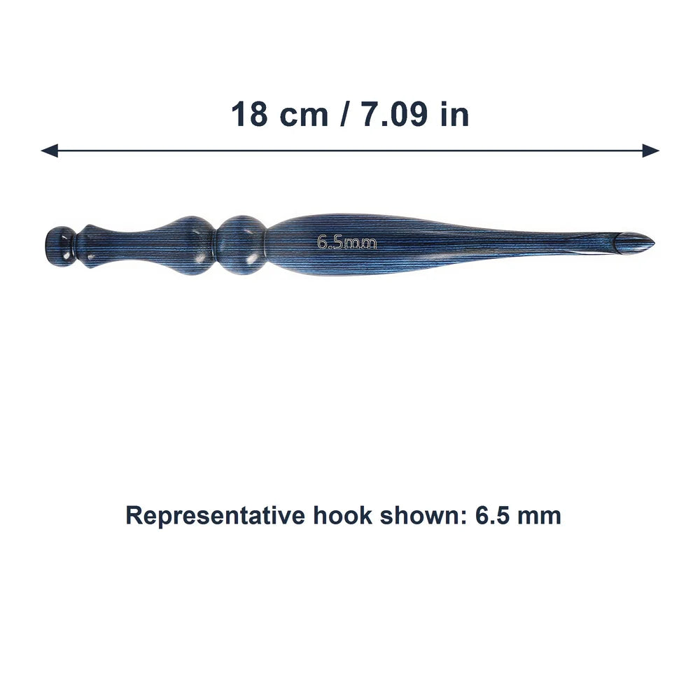 Vintage blue crochet hook with overall length measurement