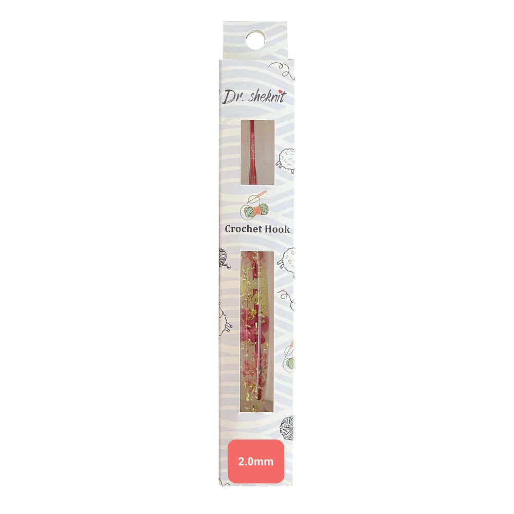 Dr.SheKnit CH171 2.0mm floral resin crochet hook in retail packaging with a pink size label