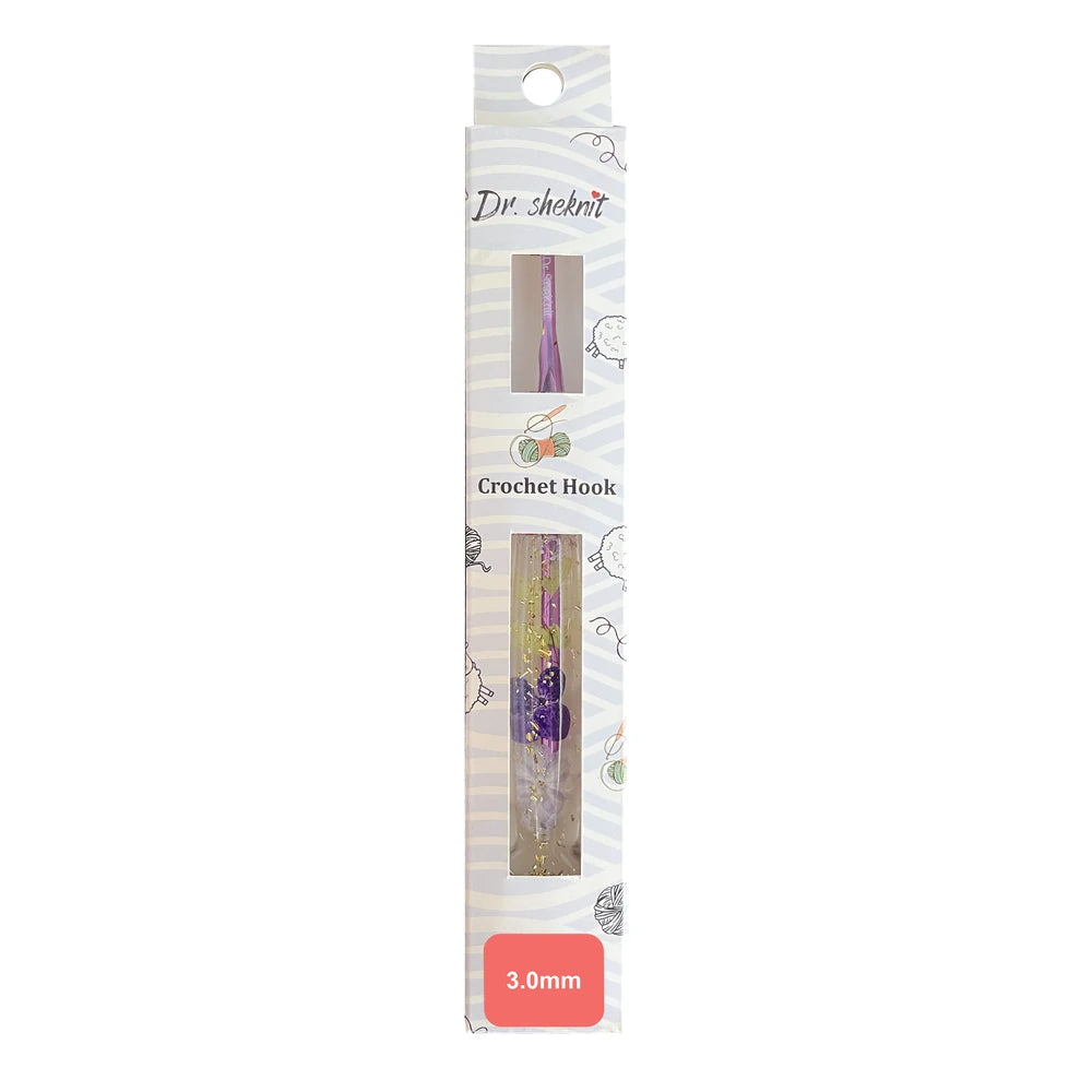 Dr.SheKnit CH171 3.0mm floral resin crochet hook in retail packaging with a pink size label