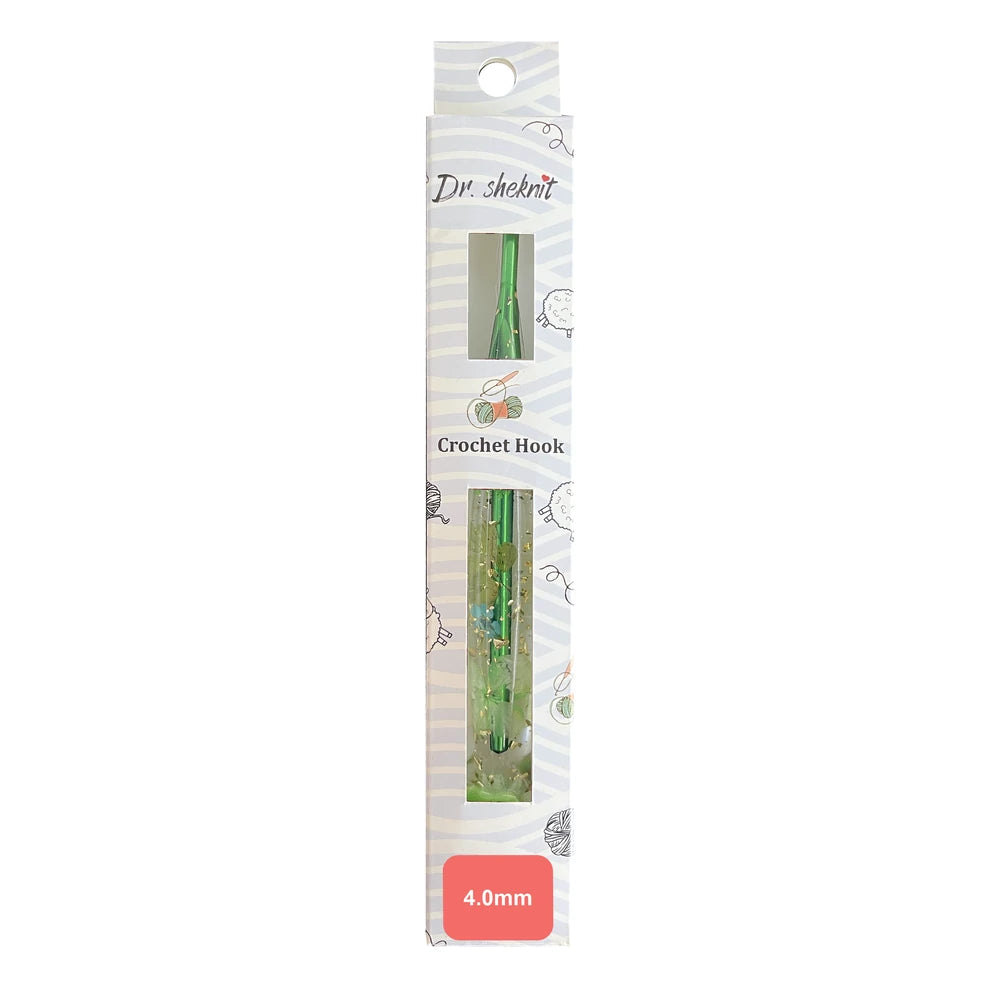 Dr.SheKnit CH171 4.0mm floral resin crochet hook in retail packaging with a pink size label