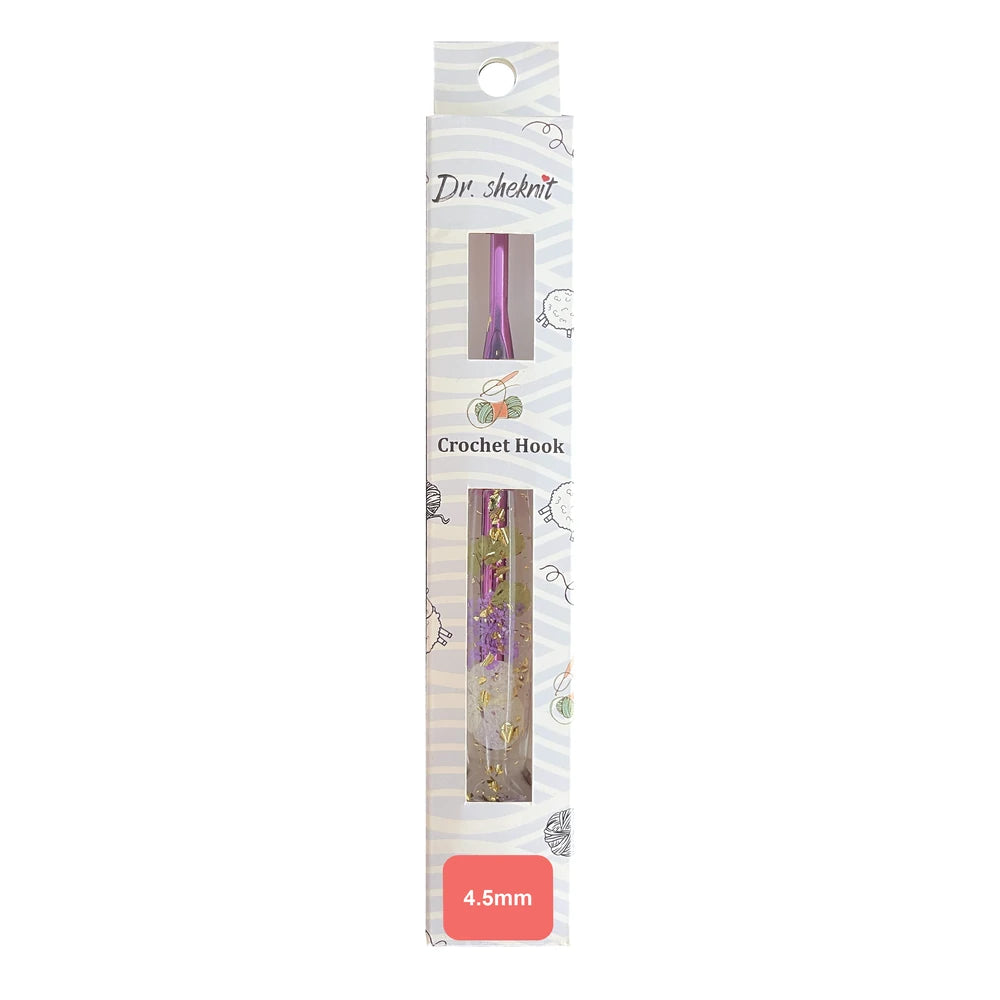 Dr.SheKnit CH171 4.5mm floral resin crochet hook in retail packaging with a pink size label