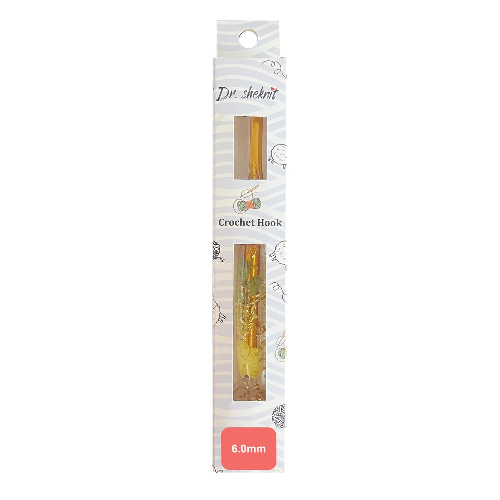 Dr.SheKnit CH171 6.0mm floral resin crochet hook in retail packaging with a pink size label