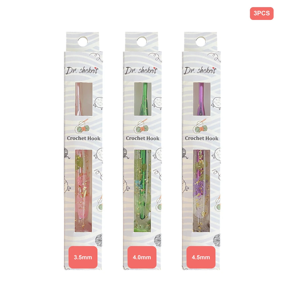 Dr.SheKnit CH171 3-piece floral resin crochet hook set in retail packaging, 3.5mm, 4.0mm, 4.5mm