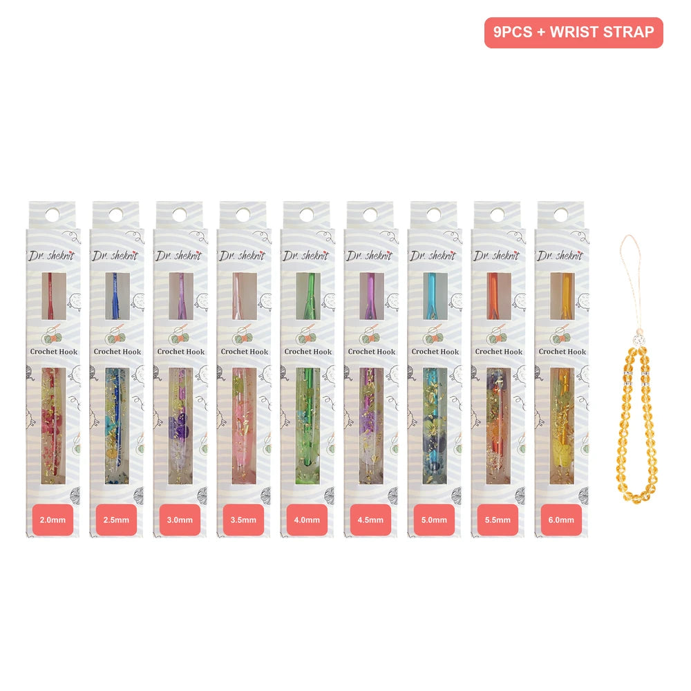 Dr.SheKnit CH171 9-piece floral resin crochet hook set, 2.0-6.0mm, in retail packaging, with beaded wrist strap