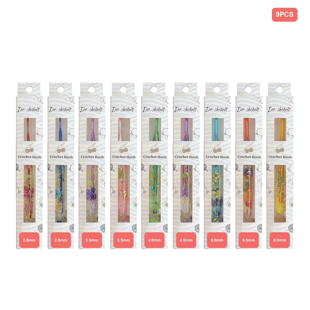 Dr.SheKnit CH171 9-piece floral resin crochet hook set, 2.0-6.0mm, in retail packaging