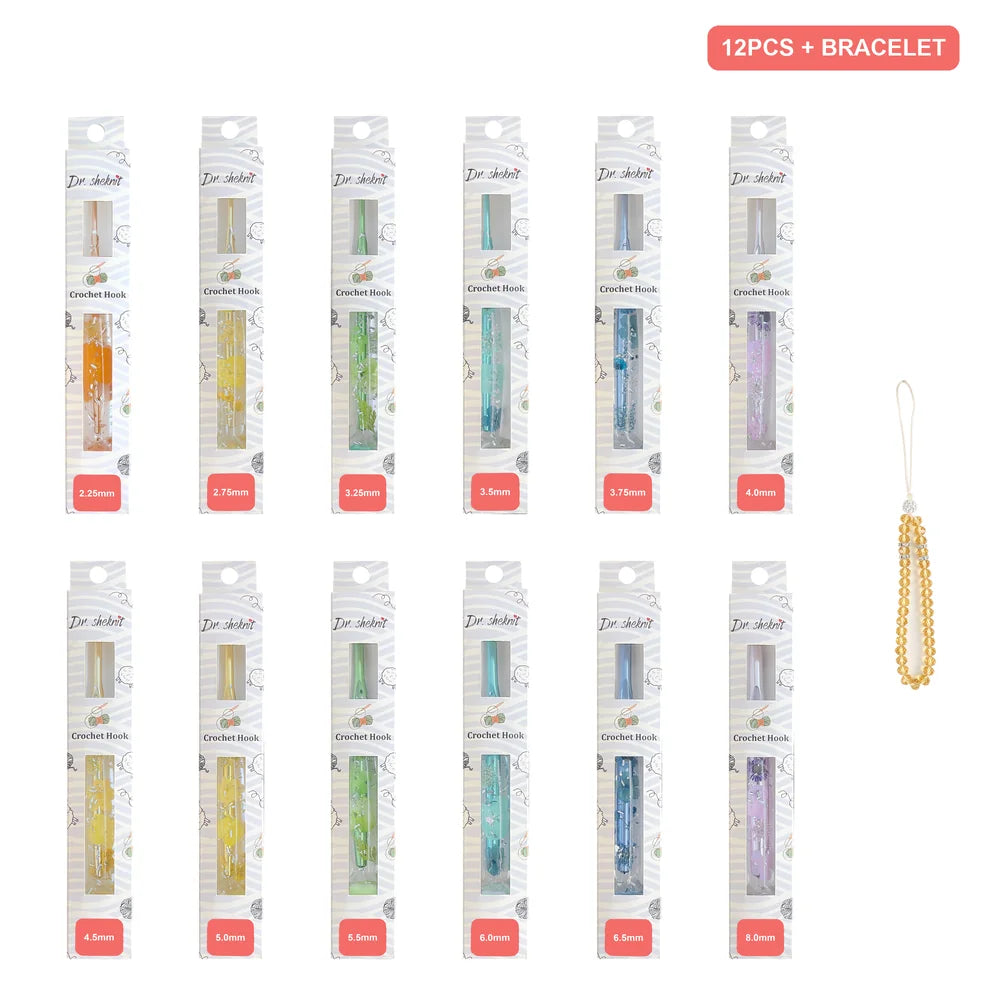 Dr.SheKnit CH177 12-piece floral resin cat paw crochet hook set, 2.25-8.0mm, with wrist strap