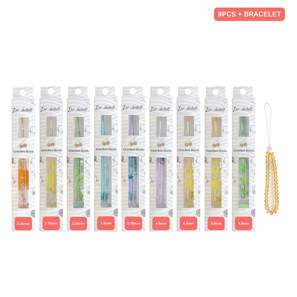 Dr.SheKnit CH177 9-piece floral resin cat paw crochet hook set, 2.25-5.5mm, with wrist strap