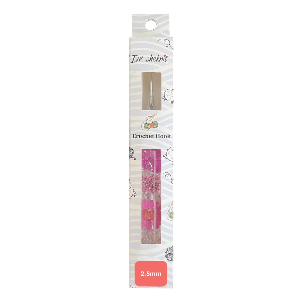 CH179 2.5 mm pink silver foil floral resin crochet hook in retail packaging