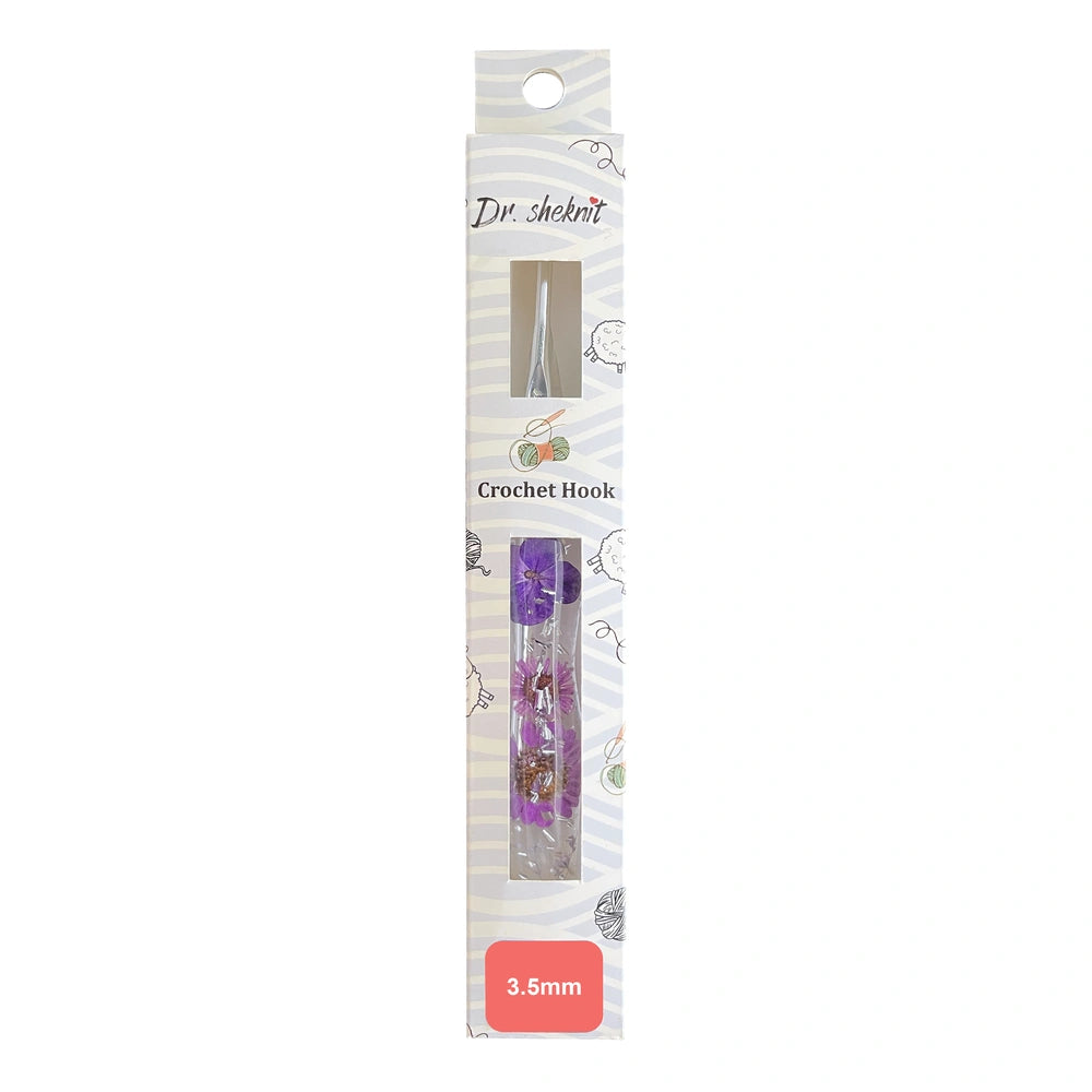 CH179 3.5 mm purple silver foil floral resin crochet hook in retail packaging
