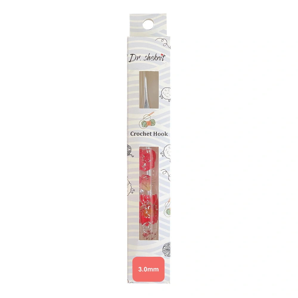 CH179 3.0 mm red silver foil floral resin crochet hook in retail packaging