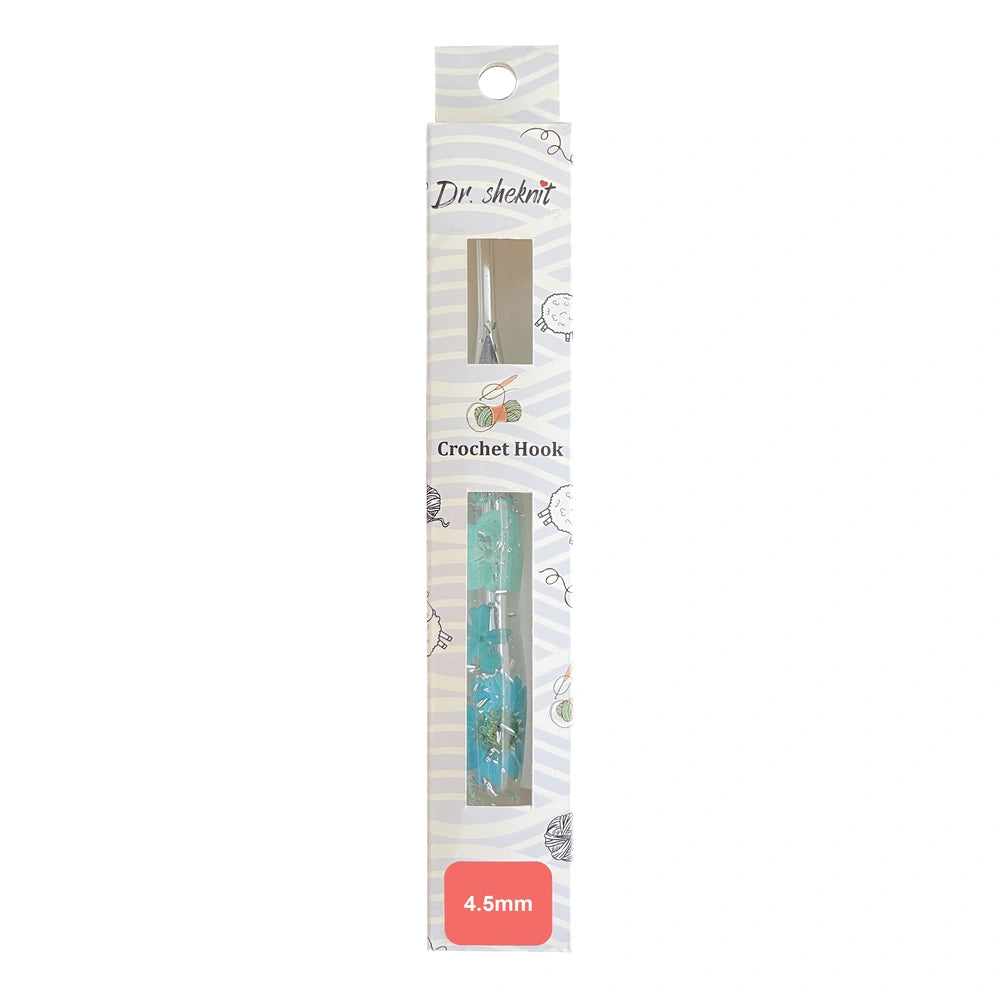 CH179 4.5 mm turquoise silver foil floral resin crochet hook in retail packaging