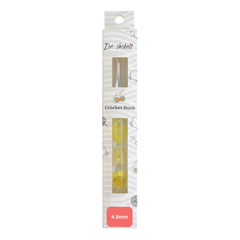 CH179 4.0 mm yellow silver foil floral resin crochet hook in retail packaging