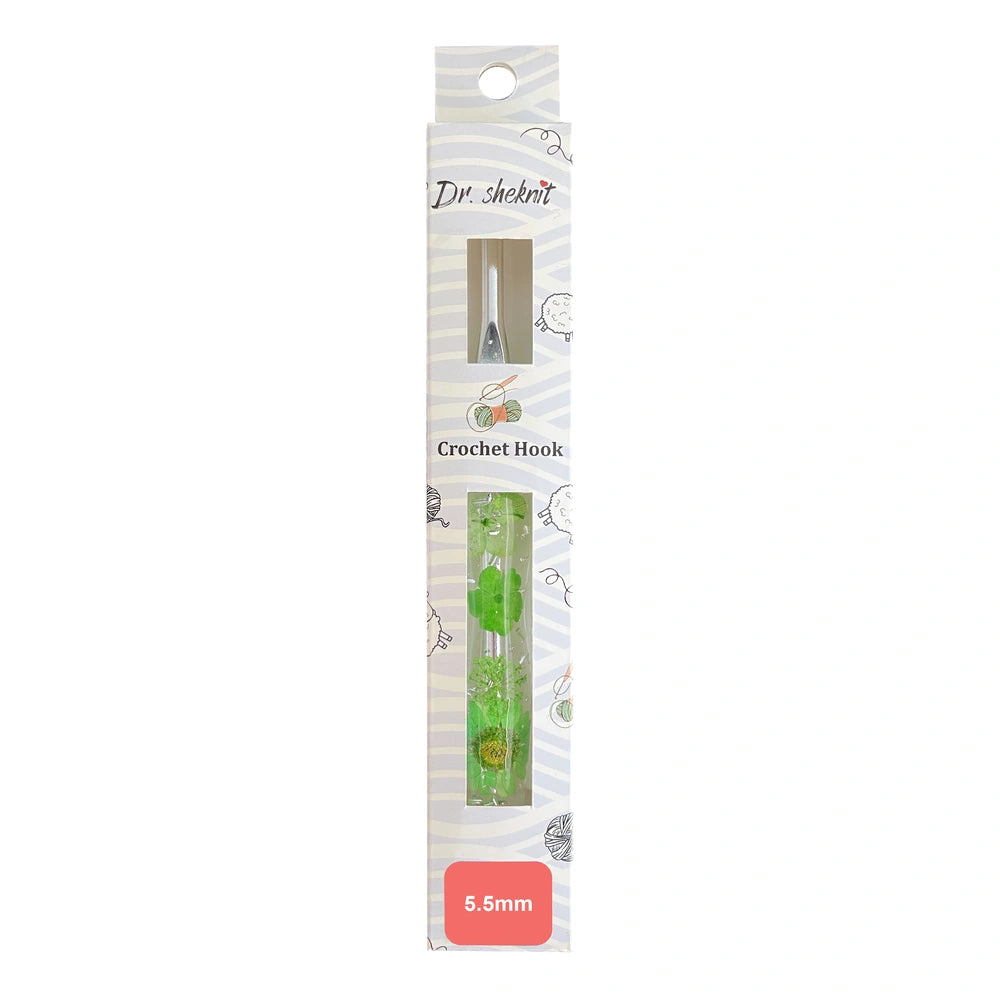 CH179 5.5 mm green silver foil floral resin crochet hook in retail packaging