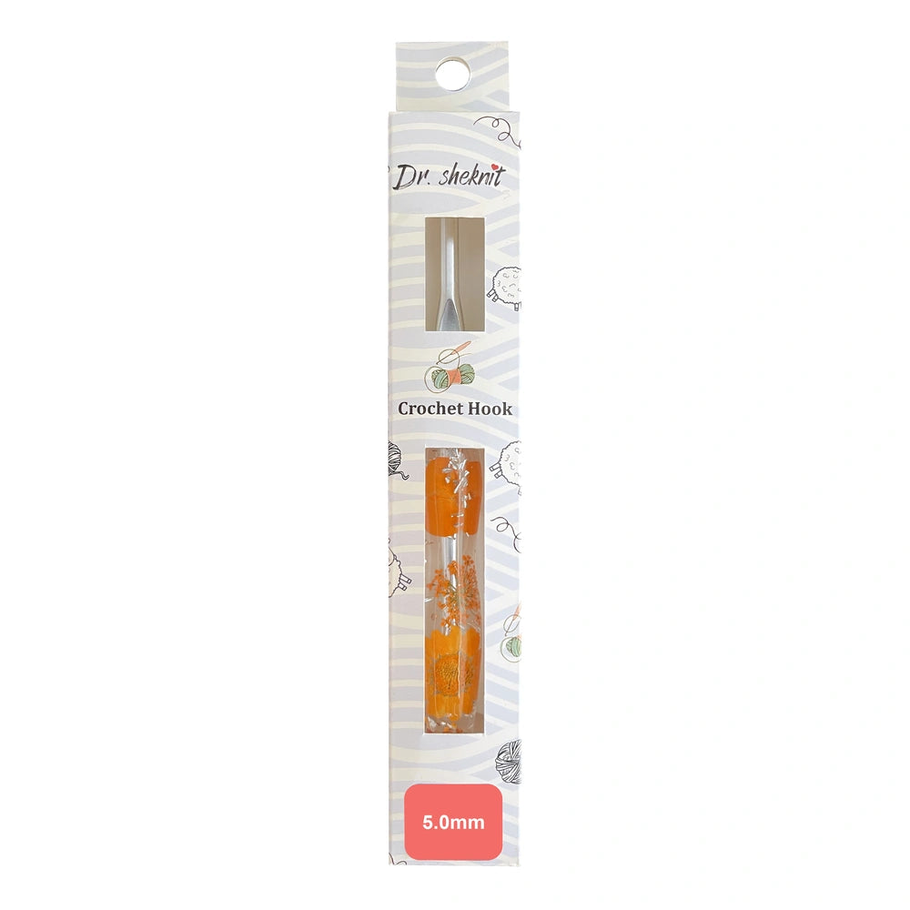 CH179 5.0 mm orange silver foil floral resin crochet hook in retail packaging