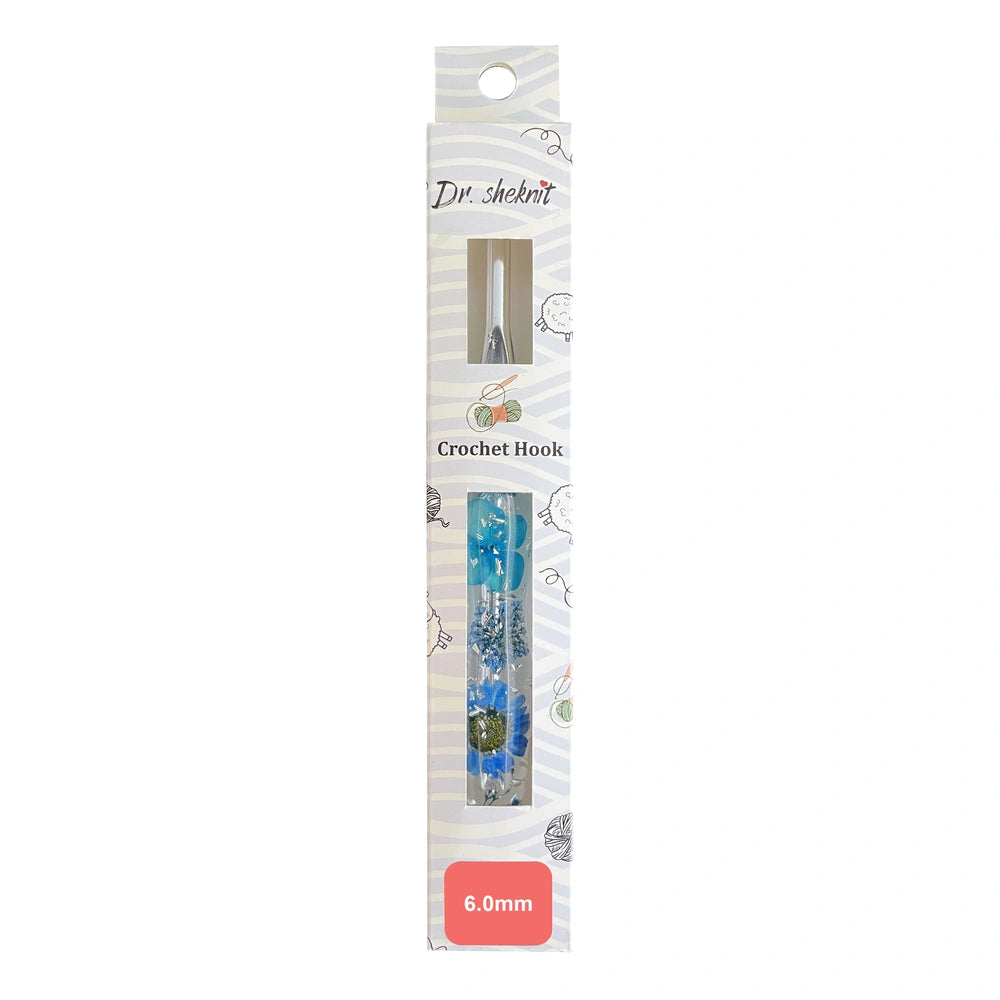 CH179 6.0 mm blue silver foil floral resin crochet hook in retail packaging