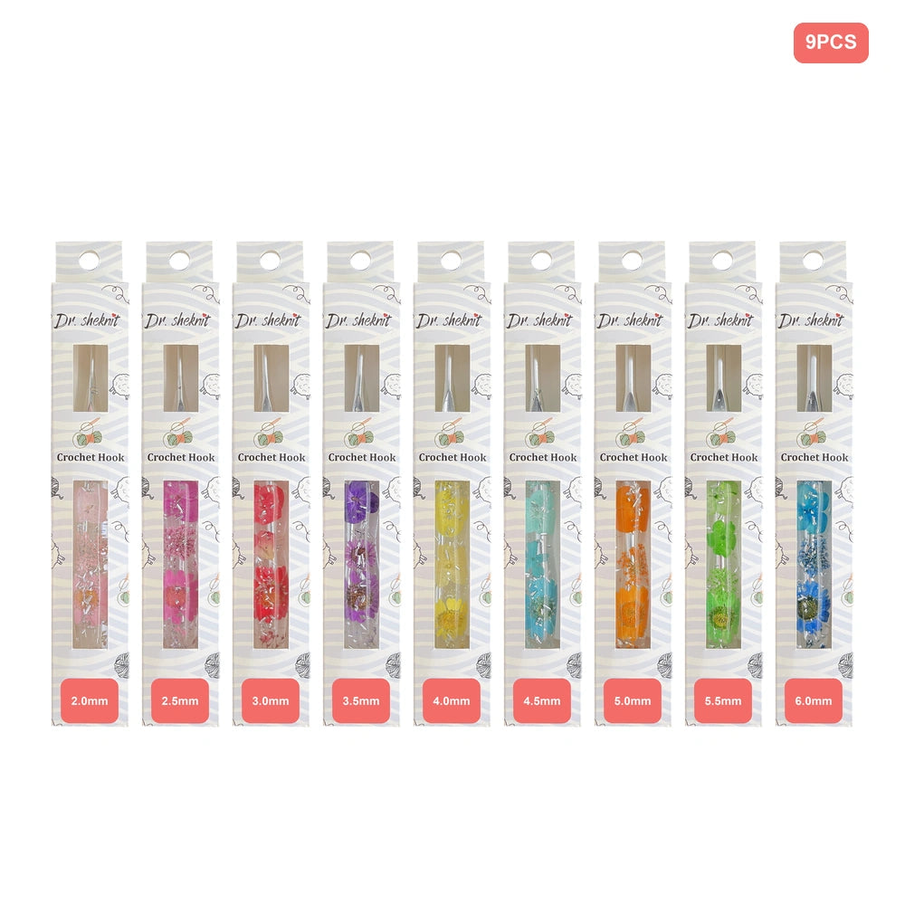 CH179 nine-piece silver foil floral resin crochet hook set in retail packaging, sizes 2.0 to 6.0 mm