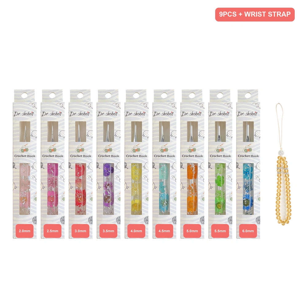 CH179 nine-piece silver foil floral resin crochet hook set with decorative wrist strap, sizes 2.0 to 6.0 mm