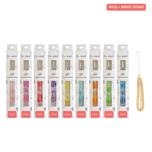 CH179 nine-piece silver foil floral resin crochet hook set with decorative wrist strap, sizes 2.0 to 6.0 mm