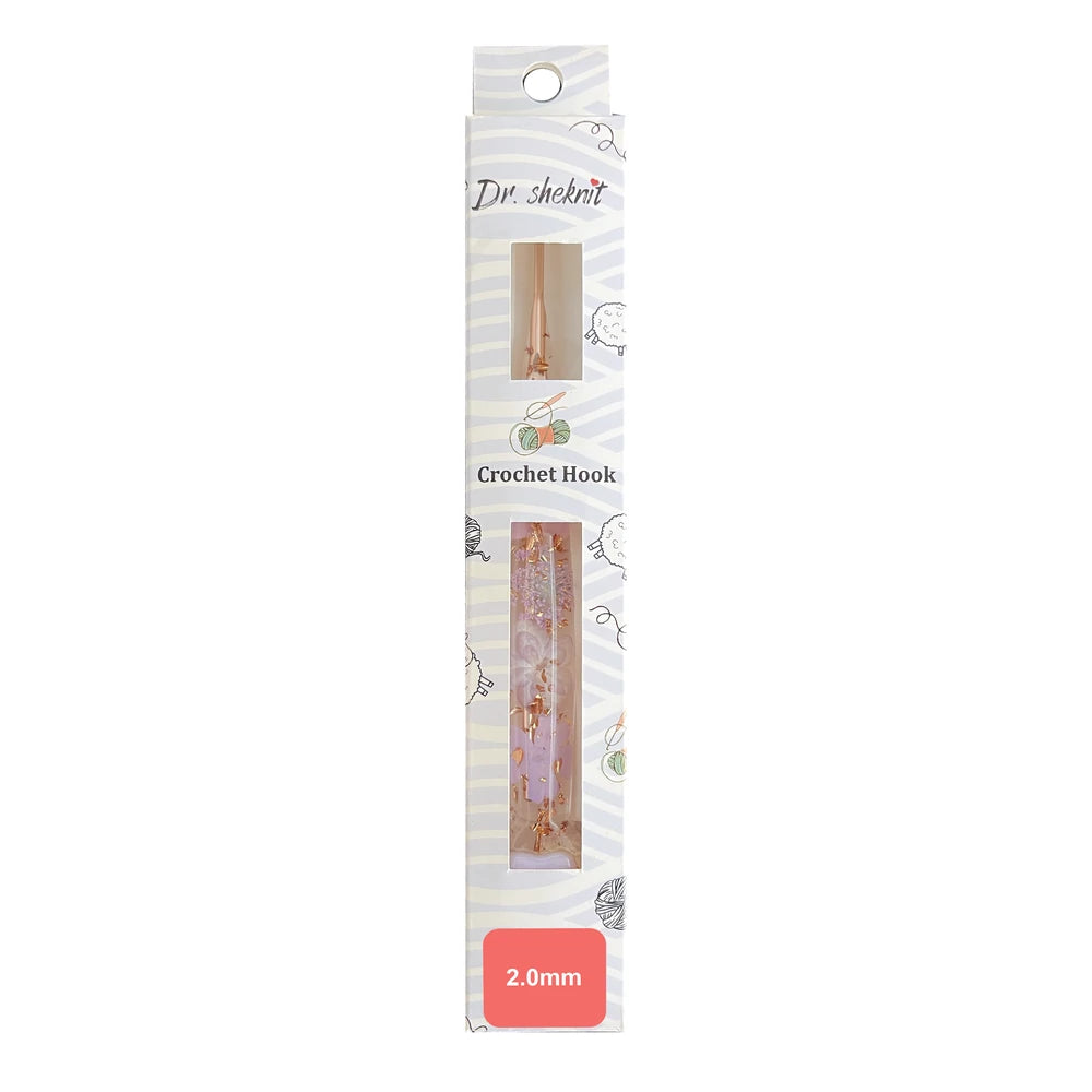 Dr.SheKnit CH180 2.0mm rose-gold-tone floral resin crochet hook in retail packaging
