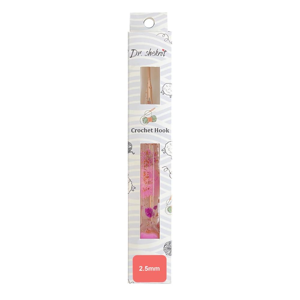 Dr.SheKnit CH180 2.5mm rose-gold-tone floral resin crochet hook in retail packaging