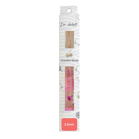 Dr.SheKnit CH180 2.5mm rose-gold-tone floral resin crochet hook in retail packaging