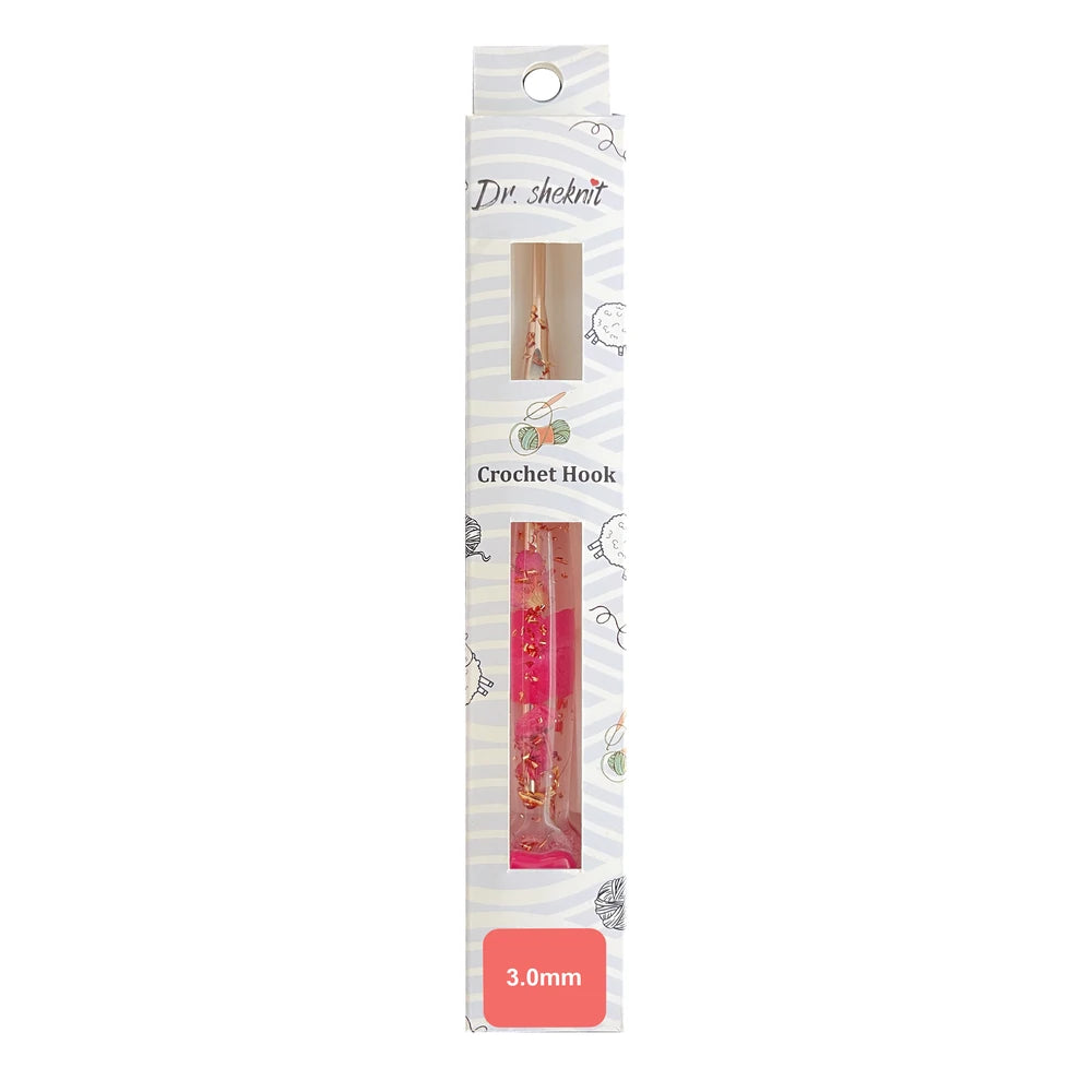 Dr.SheKnit CH180 3.0mm rose-gold-tone floral resin crochet hook in retail packaging