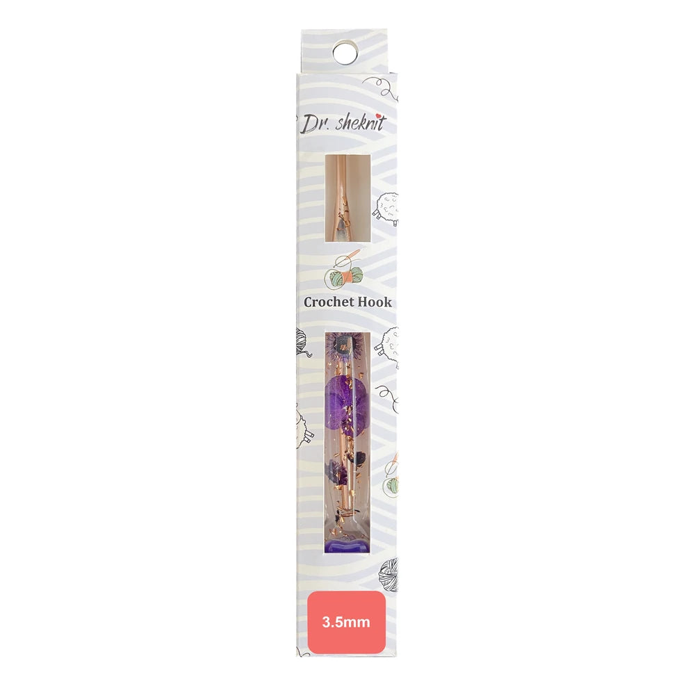 Dr.SheKnit CH180 3.5mm rose-gold-tone floral resin crochet hook in retail packaging