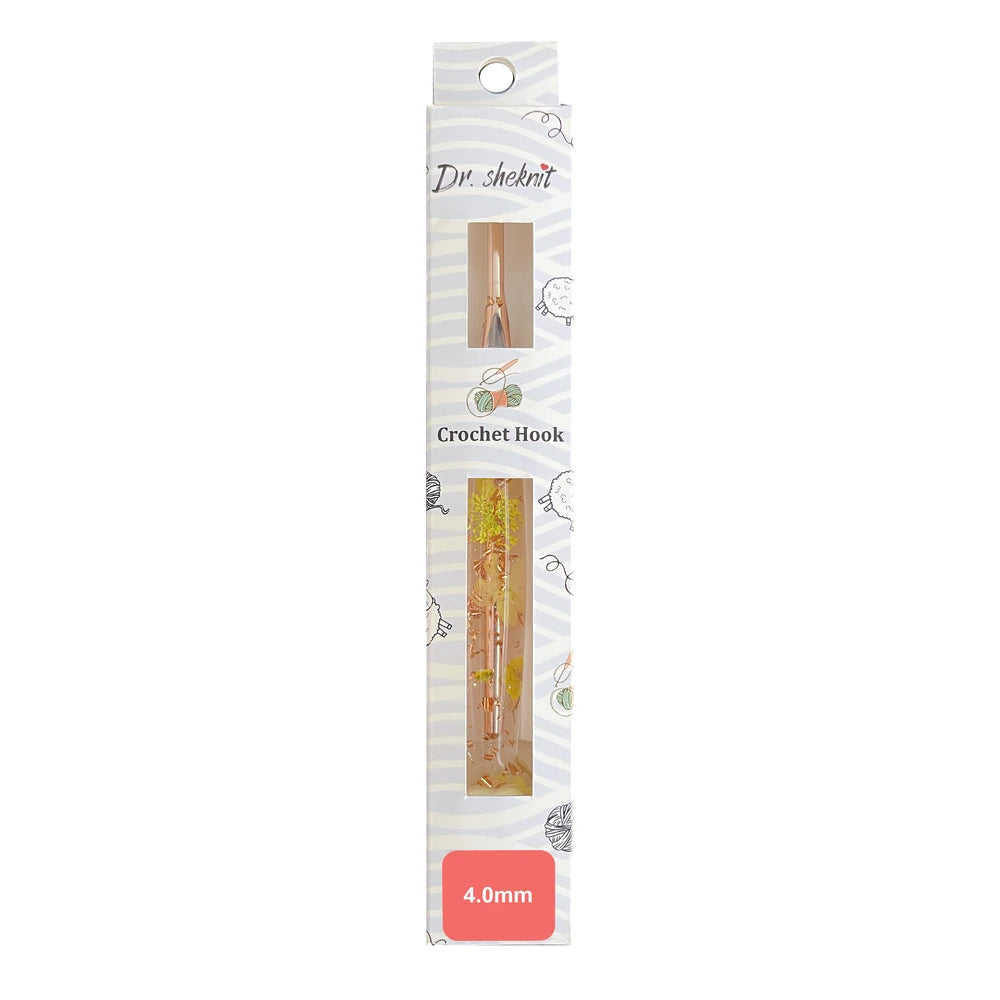 Dr.SheKnit CH180 4.0mm rose-gold-tone floral resin crochet hook in retail packaging