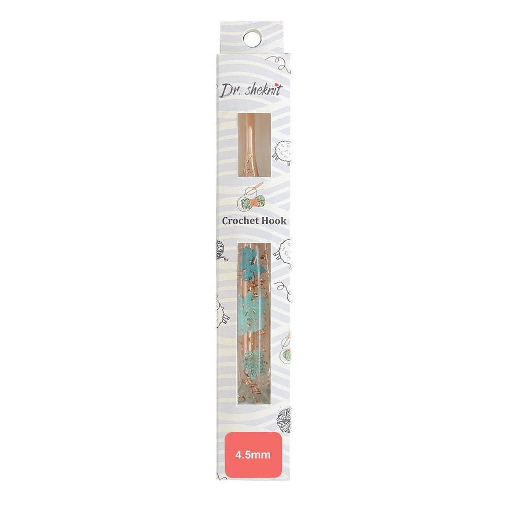 Dr.SheKnit CH180 4.5mm rose-gold-tone floral resin crochet hook in retail packaging