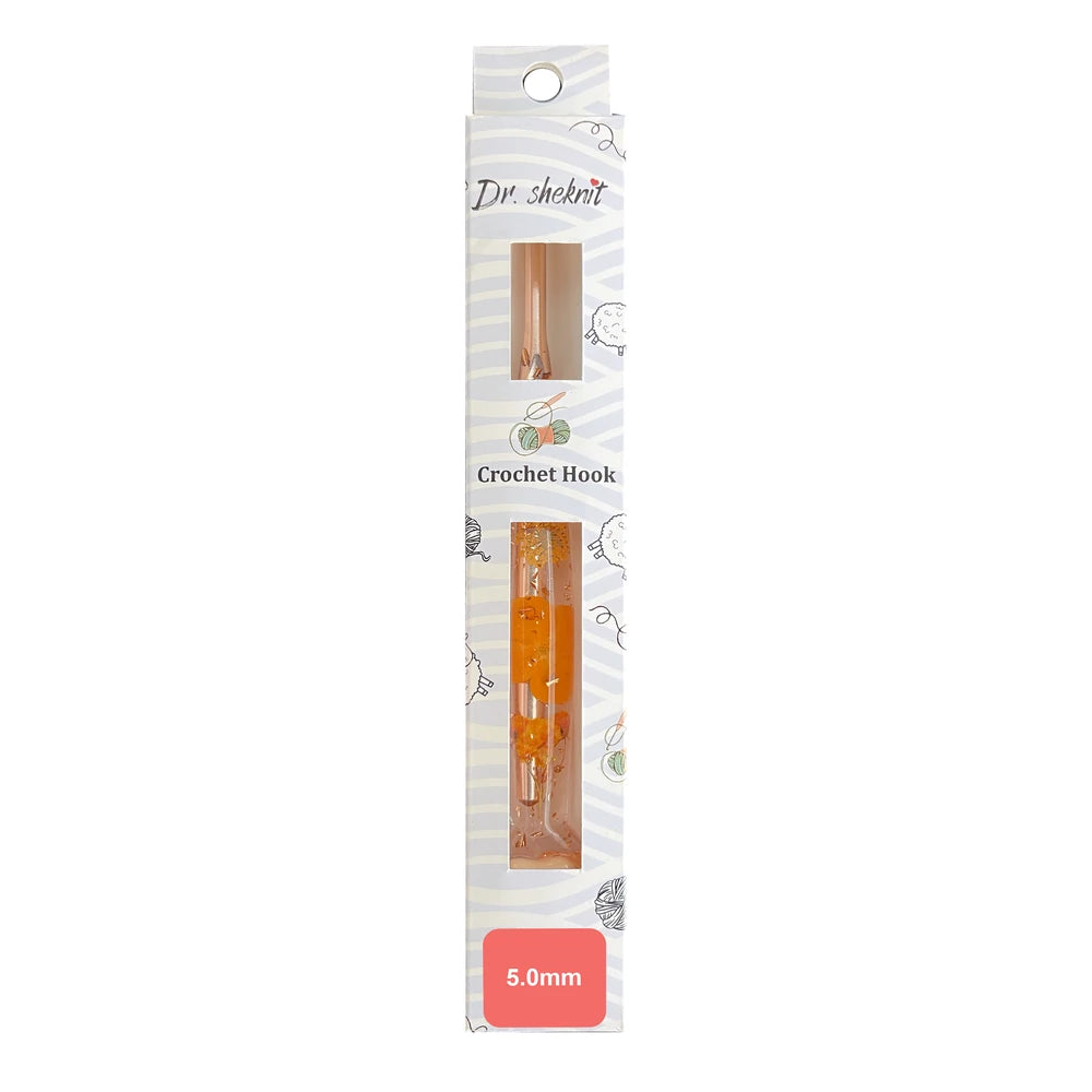 Dr.SheKnit CH180 5.0mm rose-gold-tone floral resin crochet hook in retail packaging