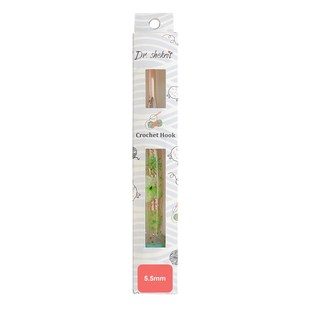 Dr.SheKnit CH180 5.5mm rose-gold-tone floral resin crochet hook in retail packaging