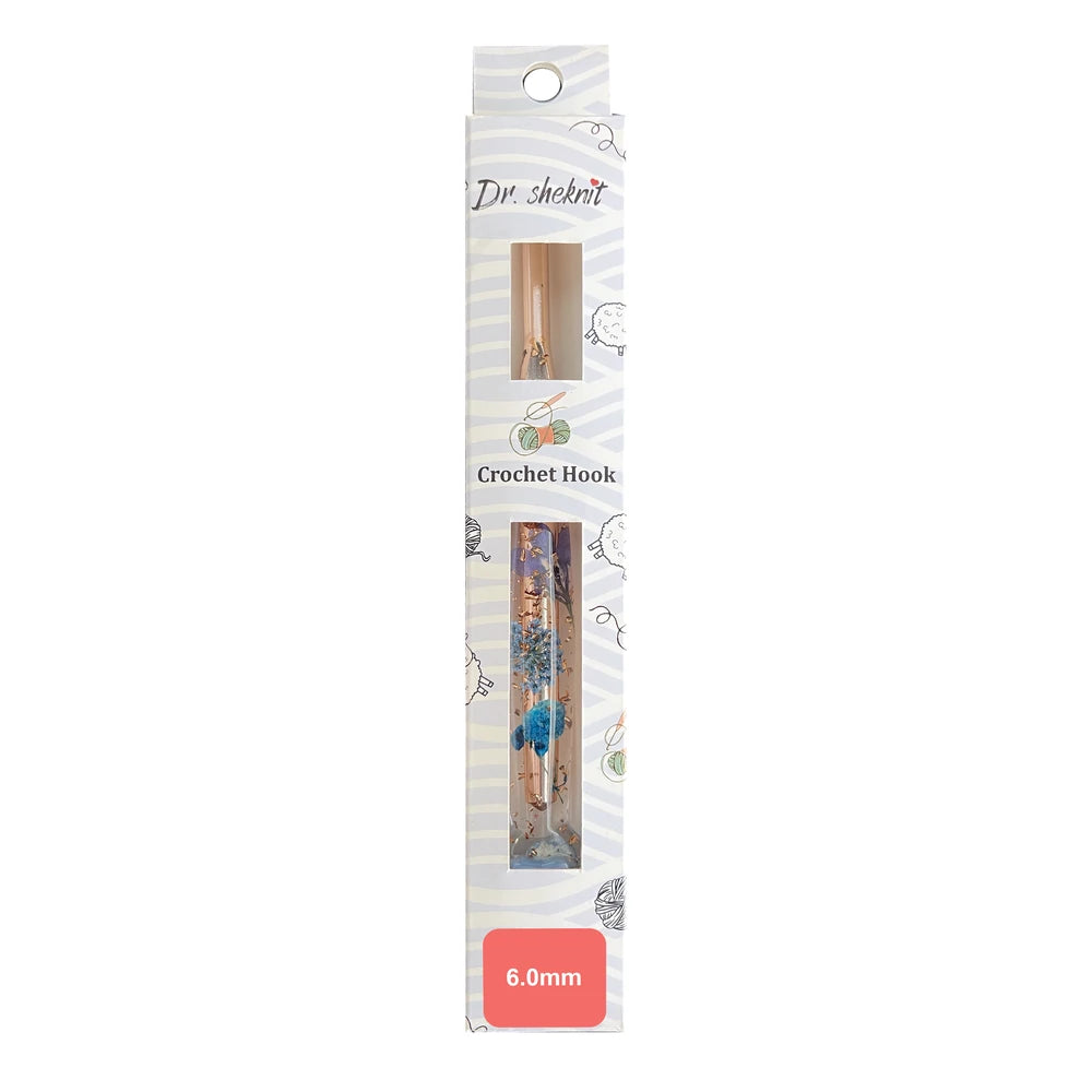 Dr.SheKnit CH180 6.0mm rose-gold-tone floral resin crochet hook in retail packaging