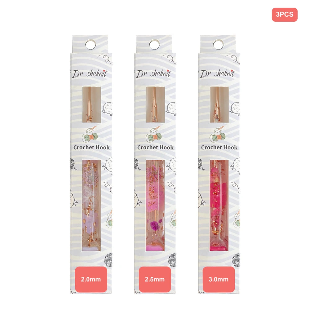 Dr.SheKnit CH180 3-hook floral resin set in retail packaging, 2.0mm, 2.5mm, 3.0mm